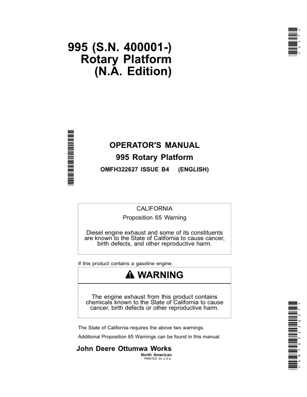 John Deere 995 Rotary Platform (400001-) Operator's Manual (OMFH322627)