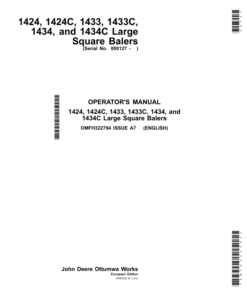 John Deere 1424, 1424C, 1433, 1433C, 1434 & 1434C Large Square Balers Operator's Manual (OMFH322794)