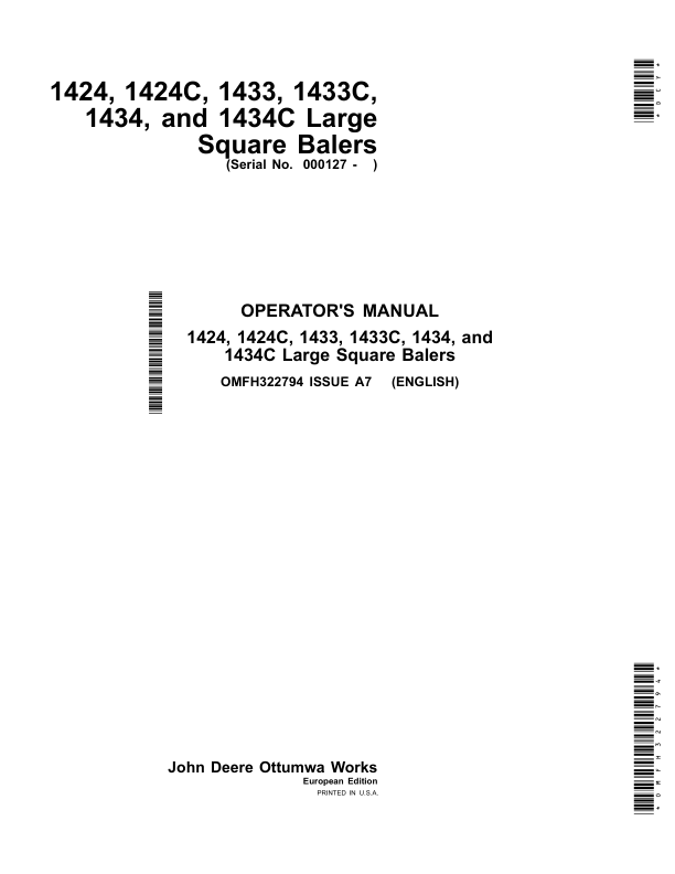 John Deere 1424, 1424C, 1433, 1433C, 1434 & 1434C Large Square Balers Operator's Manual (OMFH322794)