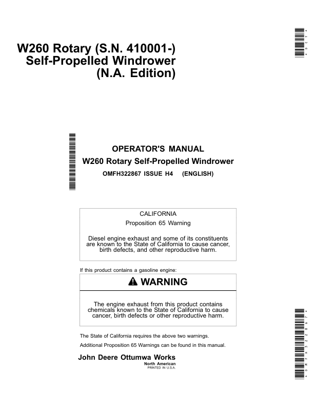 John Deere W260 Rotary Self-Propelled Windrower North America (410001-420000) Operator's Manual (OMFH322867)