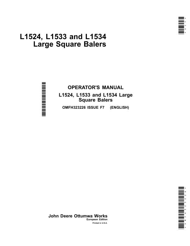 John Deere L1524, L1533 & L1534 Large Square Balers Operator's Manual (OMFH323226)