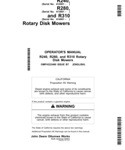 John Deere R240, R280 & R310 Rotary Disk Mowers Operator's Manual (OMFH323460)