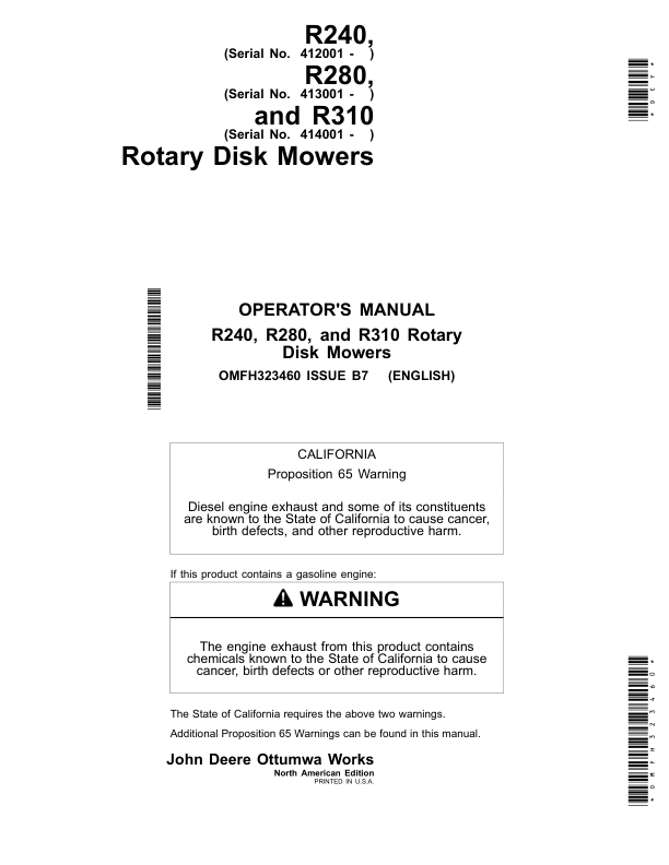 John Deere R240, R280 & R310 Rotary Disk Mowers Operator's Manual (OMFH323460)