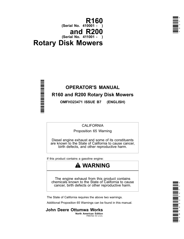 John Deere R160 & R200 Rotary Disk Mowers Operator's Manual (OMFH323471)