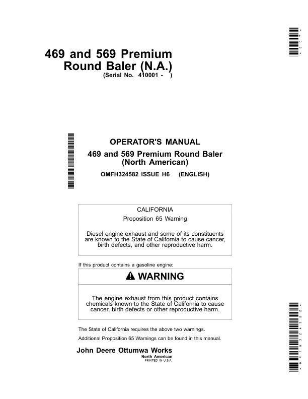 John Deere 469 & 569 Premium Round Balers (North American) Operator's Manual (OMFH324582)