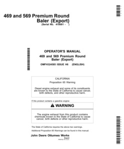John Deere 469 & 569 Premium Round Balers (Export Edition) Operator's Manual (OMFH324585)