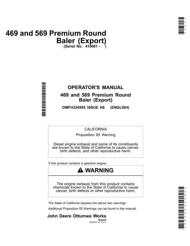John Deere 469 & 569 Premium Round Balers (Export Edition) Operator's Manual (OMFH324585)