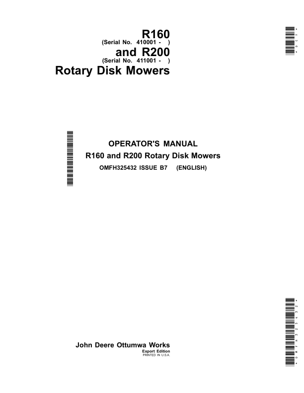 John Deere R160 & R200 Rotary Disk Mowers Operator's Manual (OMFH325432)