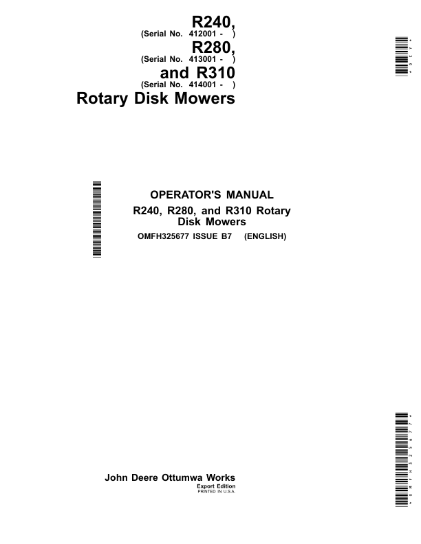 John Deere R240,R280 & R310 Rotary Disk Mowers Operator's Manual (OMFH325677)