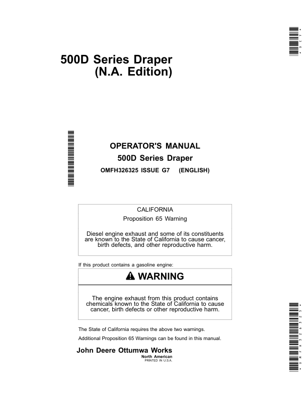 John Deere 525D, 530D & 536D Drapers Operator's Manual (OMFH326325)