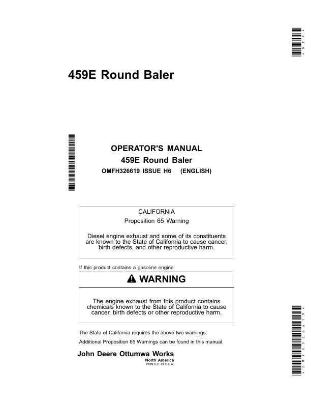 John Deere 459E Round Balers (North America Edition) Operator's Manual (OMFH326619)