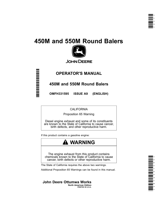 John Deere 450M, 550M Round Balers Operator's Manual (OMFH331595)