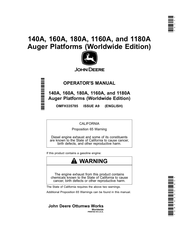 John Deere 140A, 160A, 180A, 1160A, 1180A Auger Platforms Operator's Manual (OMFH335785)