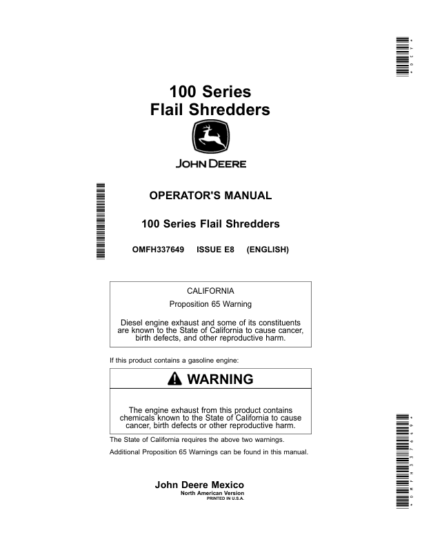 John Deere 100 Series Flail Shredders 115, 118, 120 Operator's Manual (OMFH337649)