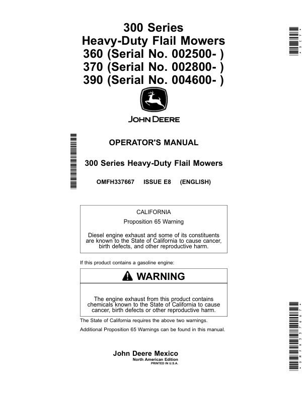 John Deere 300 Series Heavy-Duty Flail Mowers 360, 370 & 390 Operator's Manual (OMFH337667)