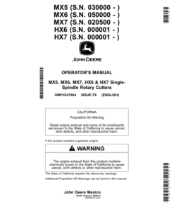 John Deere HX6, HX7, MX5, MX6 & MX7 Single-Spindle Rotary Cutters Operator's Manual (OMFH337984)