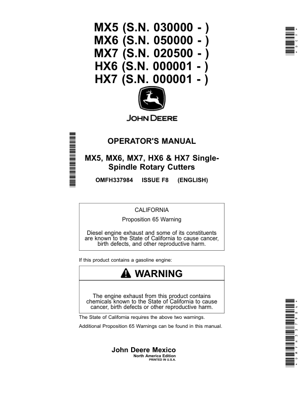 John Deere HX6, HX7, MX5, MX6 & MX7 Single-Spindle Rotary Cutters Operator's Manual (OMFH337984)