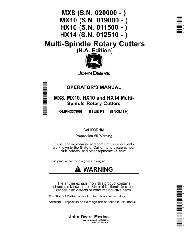 John Deere HX10, HX14, MX8 & MX10 Multi-Spindle Rotary Cutters Operator's Manual (OMFH337995)