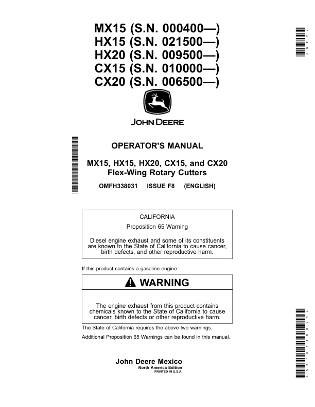 John Deere CX15, CX20, HX15, HX20 & MX15 Flex-Wing Rotary Cutters Operator's Manual (OMFH338031)