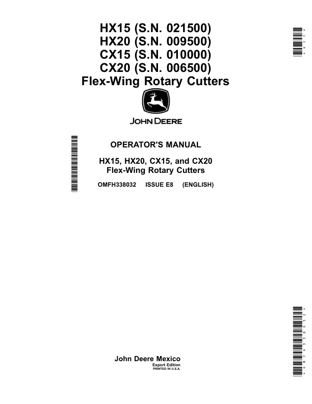 John Deere CX15, CX20, HX15, HX20 Flex-Wing Rotrary Cutters Operator's Manual (OMFH338032)