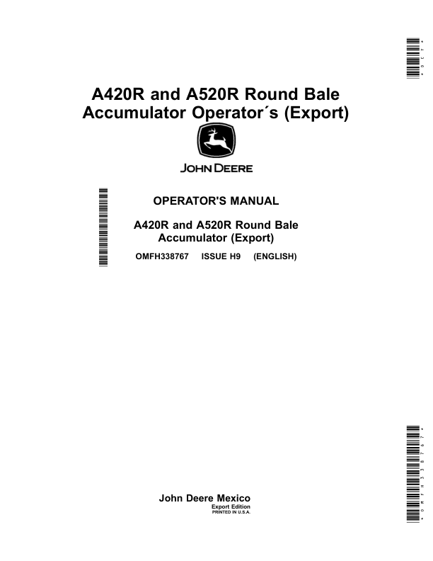 John Deere A420R, A520R Round Bale Accumulator Operator's Manual (OMFH338767)