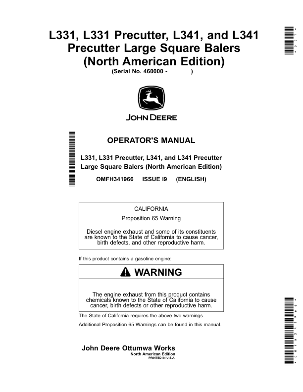 John Deere L331, L331 Precutter, L341, L341 Precutter Large Square Balers Operator's Manual (OMFH341966)