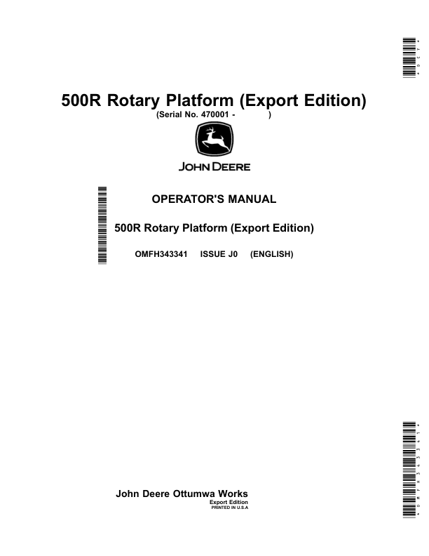 John Deere 500R Rotary Platform (470001-) Operator's Manual (OMFH343341)