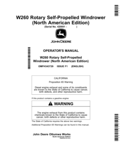 John Deere W260 Rotary Self-Propelled Windrower (420001-) (North American) Operator's Manual (OMFH343729)