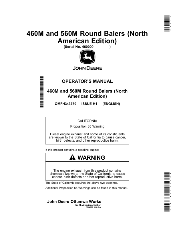 John Deere 460M, 560M Round BalersM (460000-) (North American) Operator's Manual (OMFH343750)