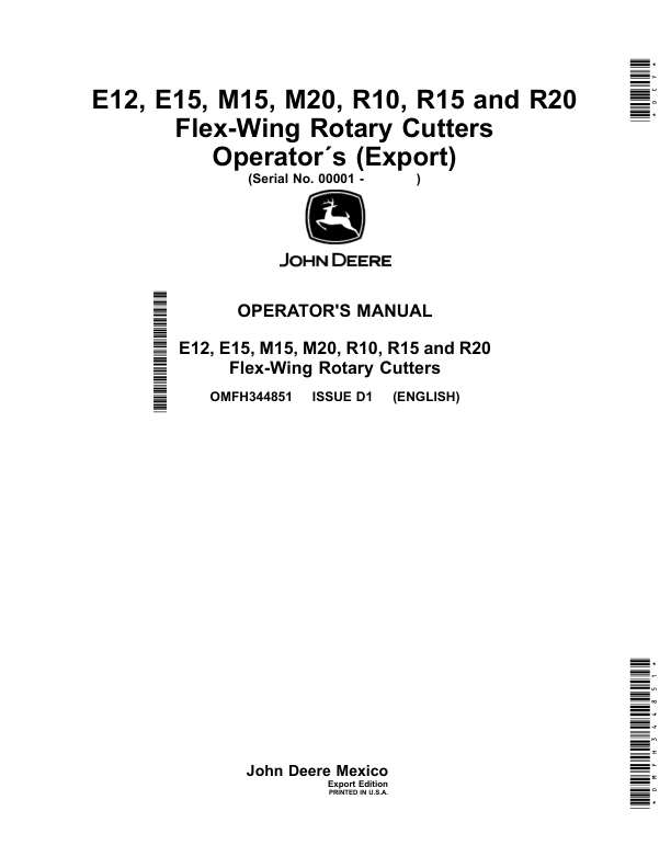 John Deere E12, E15, M15, M20, R10, R15, R20 Flex-Wing Rotary Cutters (000001-) (Export) Operator's Manual (OMFH344851)