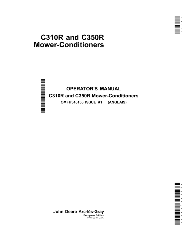 John Deere C310R, C350R Mower-Conditioners (European Edition) Operator's Manual (OMFH346100)