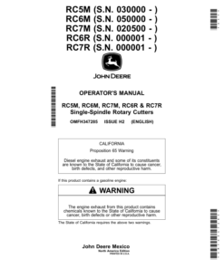 John Deere RC5M (030000-), RC6M (050000-), RC7M (020500-), RC6R (000001-), RC7R (000001-) Single-Spindle Rotary Cutters (North America Edition) Operator's Manual (OMFH347285)
