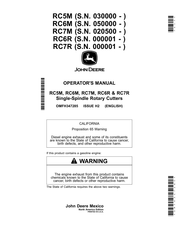 John Deere RC5M (030000-), RC6M (050000-), RC7M (020500-), RC6R (000001-), RC7R (000001-) Single-Spindle Rotary Cutters (North America Edition) Operator's Manual (OMFH347285)