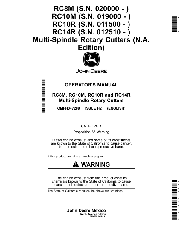 John Deere RC8M (020000-), RC10M (019000-), RC10R (011500-), RC14R (012510-) Multi-Spindle Rotary Cutters (North America Edition) Operator's Manual (OMFH347288)