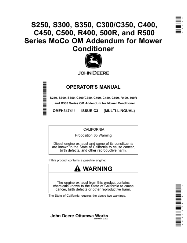 John Deere S250, S300, S350, C300/C350, C400, C450, C500, R400, 500R, R500 Series MoCo OM Addendum for Mower Conditioner Operator's Manual (OMFH347411)