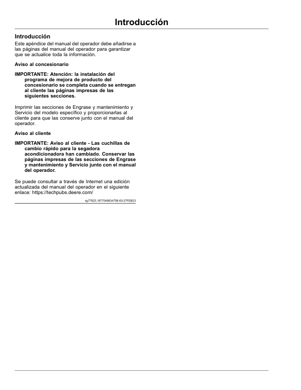 John Deere S250, S300, S350, C300/C350, C400, C450, C500, R400, 500R, R500 Series MoCo OM Addendum for Mower Conditioner Operator's Manual (OMFH347411) - Image 2
