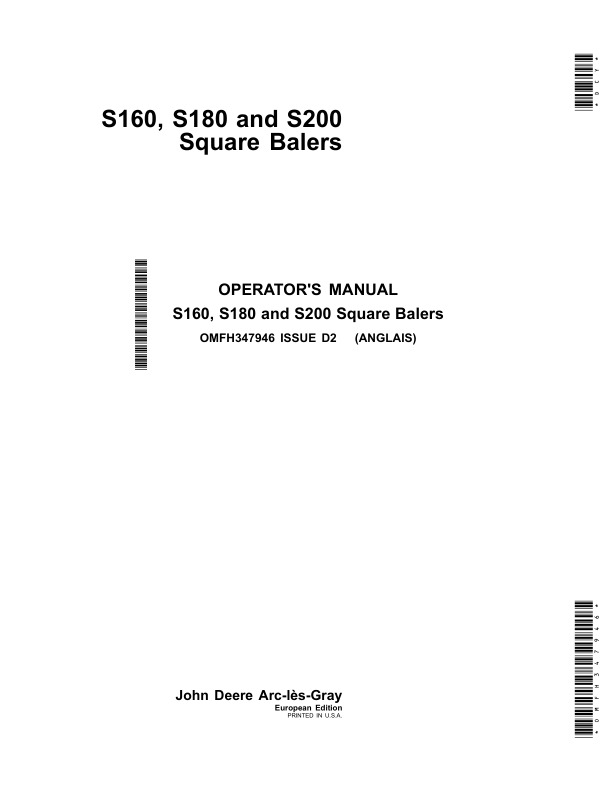 John Deere S160, S180, S200 Square Balers (European Edition) Operator's Manual (OMFH347946)