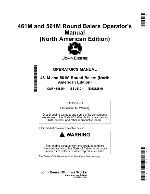 John Deere 461M, 561M Round Balers (North American) Operator's Manual (OMFH348254)