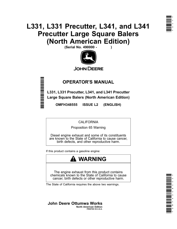 John Deere L331, L331 Precutter, L341, L341 Precutter Large Square Balers (490000-) (North American) Operator's Manual (OMFH348555)