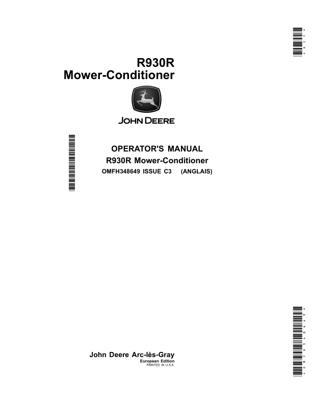 John Deere R930R Mower-Conditioner (European Edition) Operator's Manual (OMFH348649)