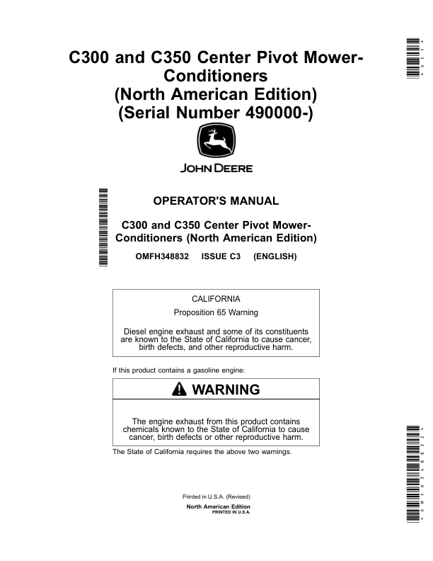John Deere C300, C350 Center Pivot Mower-Conditioners (490000-) (North American) Operator's Manual (OMFH348832)