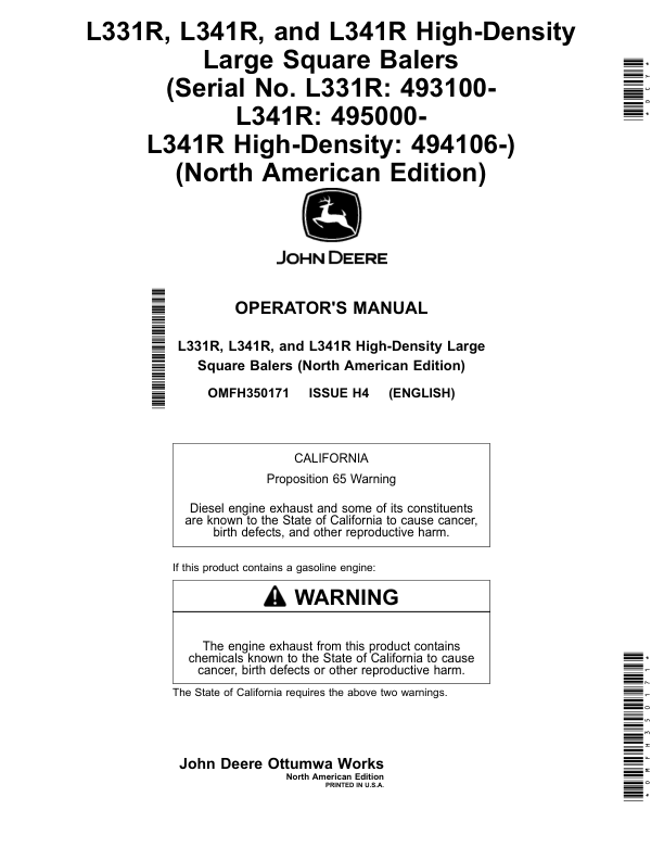 John Deere L331R, L341R, L341R High-Density Large Square Balers (Serial No. L331R: 493100-, L341R: 495000-, L341R High-Density: 494106-) (North American) Operator's Manual (OMFH350171)