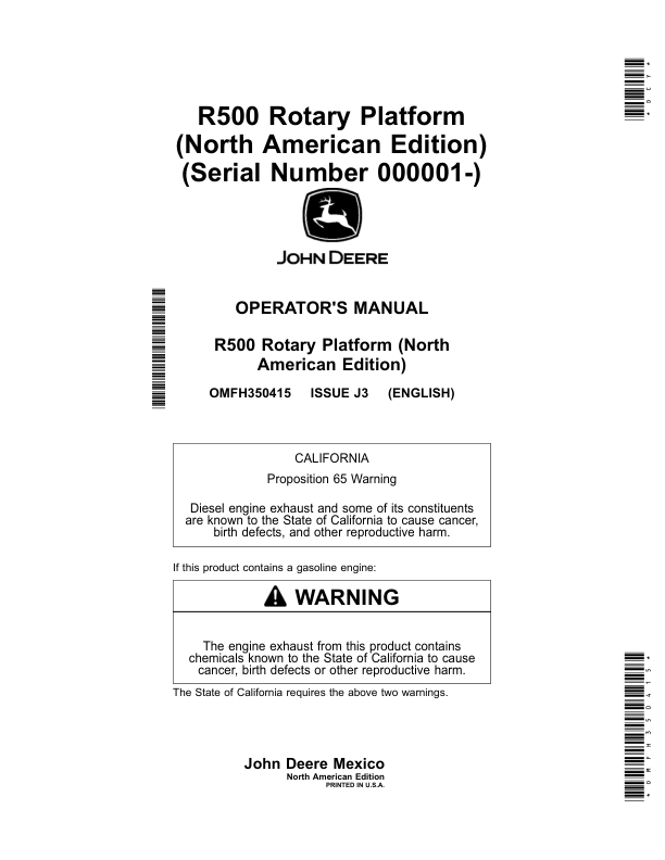John Deere R500 Rotary Platform (000001-) (North American) Operator's Manual (OMFH350415)