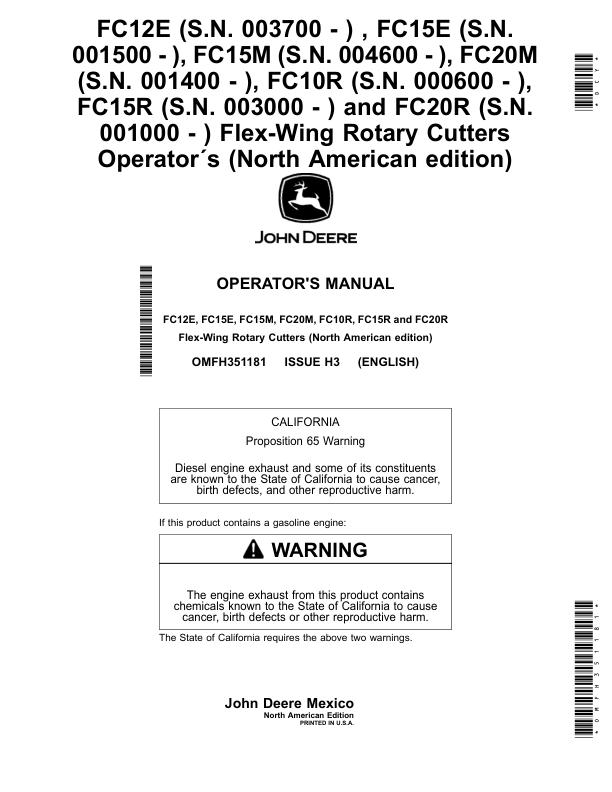 John Deere FC12E (003700-), FC15E (001500-), FC15M (004600-), FC20M (001400-), FC10R (000600-), FC15R (003000-), FC20R (001000-) Flex-Wing Rotary Cutters (North American) Operator's Manual (OMFH351181)