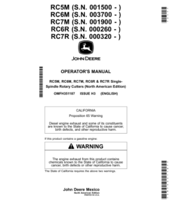 John Deere RC5M (001500-), RC6M (003700-), RC7M (001900-), RC6R (000260-), RC7R (000320-) Single-Spindle Rotary Cutters (North American) Operator's Manual (OMFH351187)