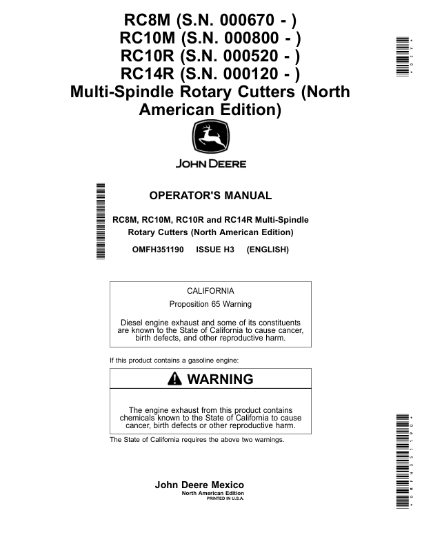 John Deere RC8M (000670-), RC10M (000800-), RC10R (000520-), RC14R (000120-) Multi-Spindle Rotary Cutters (North American) Operator's Manual (OMFH351190)