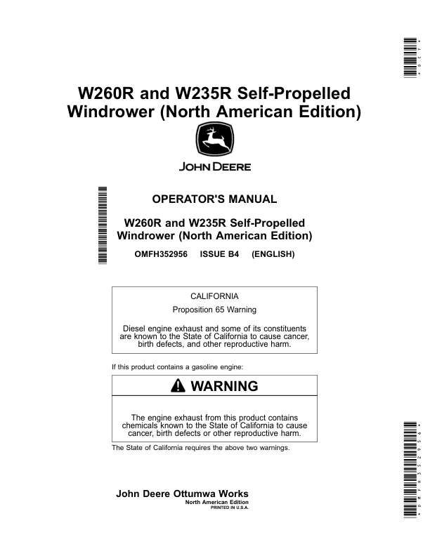 John Deere W260R, W235R Self-Propelled Windrower (000000-509999),(North American) Operator's Manual (OMFH352956)