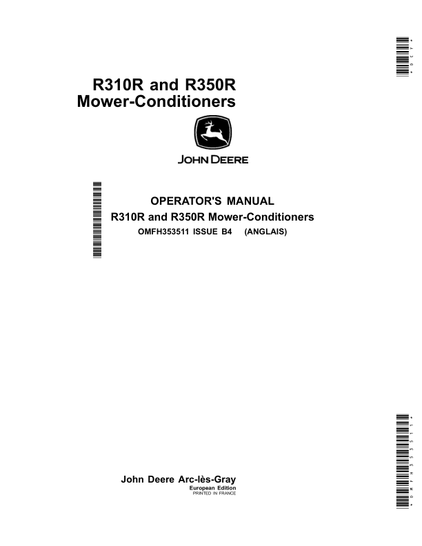 John Deere R310R, R350R Mower-Conditioner (European) Operator's Manual (OMFH353511)