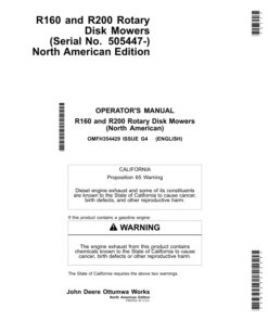 John Deere R160, R200 Rotary Disk Mowers (Serial No. 505447-) North America Operator's Manual (OMFH354429)
