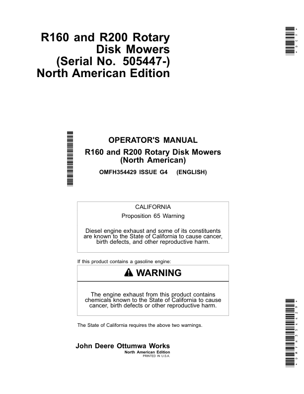 John Deere R160, R200 Rotary Disk Mowers (Serial No. 505447-) North America Operator's Manual (OMFH354429)